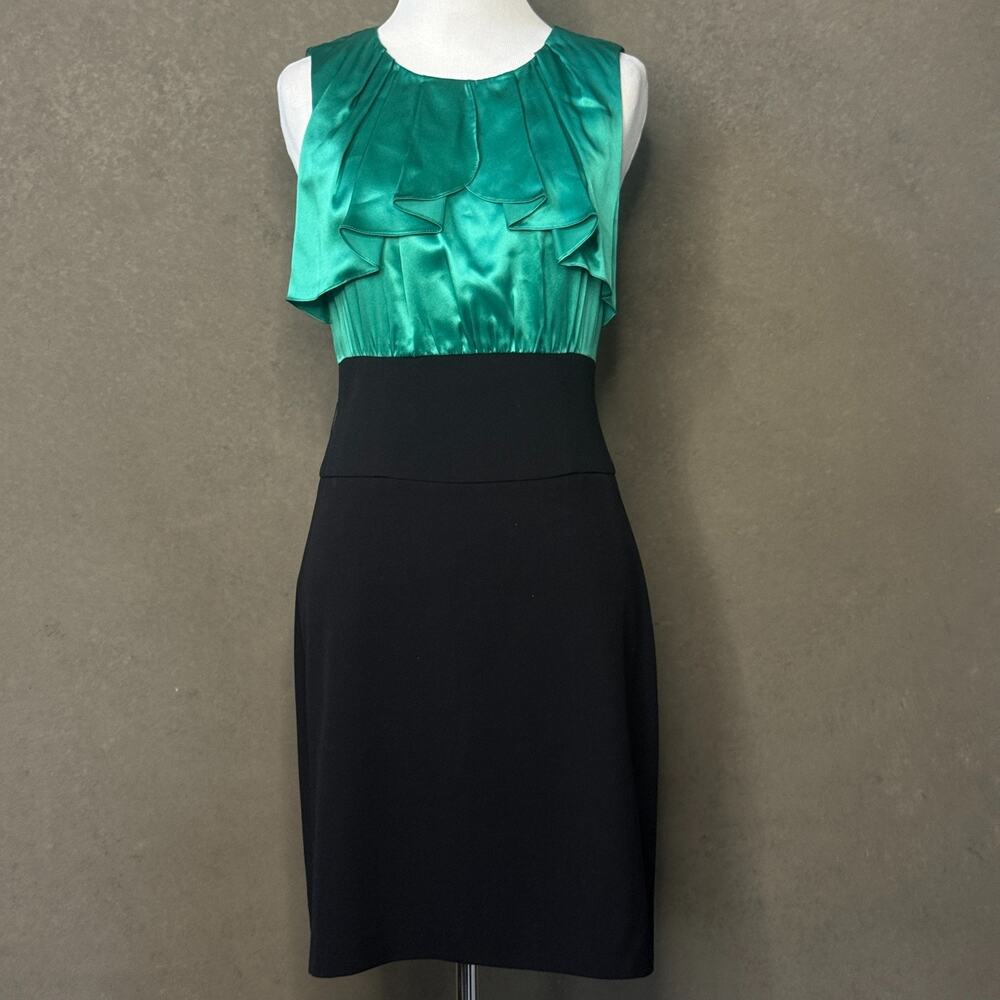 BCBGMAXAZRIA Green Black Color Block Dress Size 2 Ruffled Satin